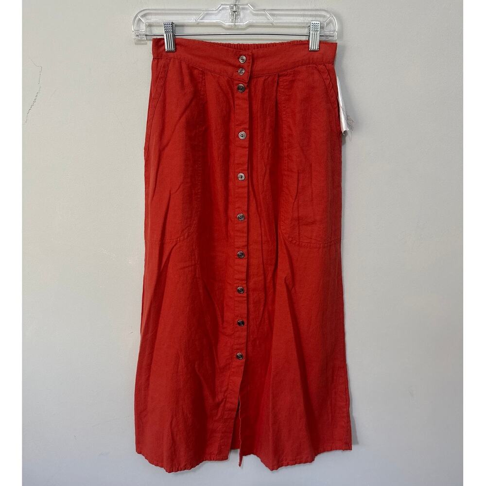 Flax Skirt 4-6 Petite Orange Cotton Button Down Maxi Minimalist Lagenlook Boho